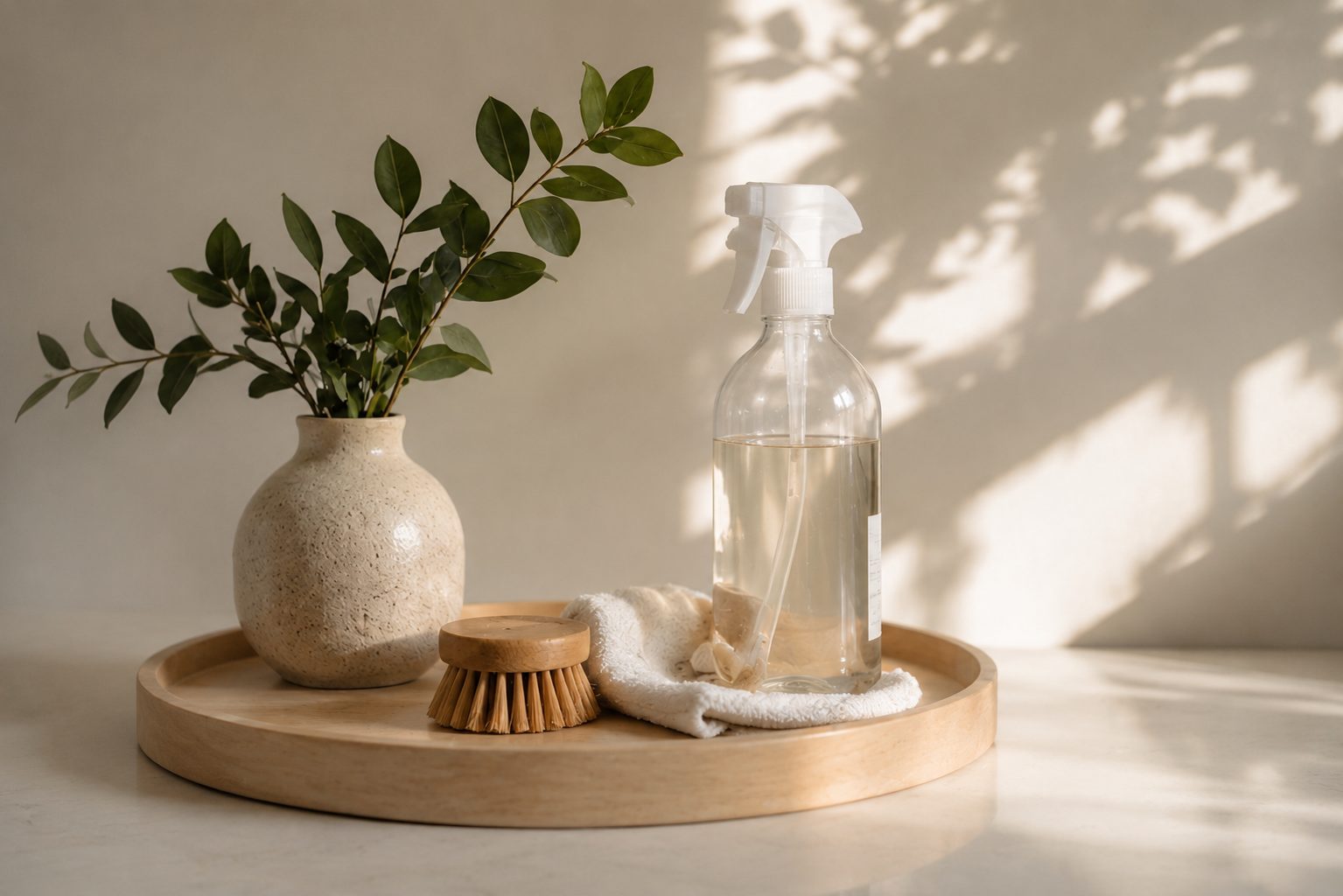 Ivybrook cleaning supplies arranged on a wooden tray