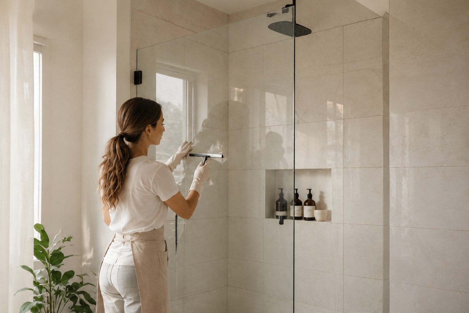 Cleaner squeegeeing a glass shower door in an apartment bathroom