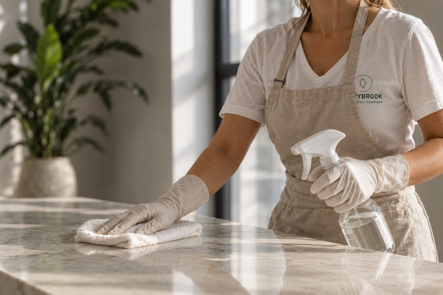 Ivybrook cleaner in branded apron wiping down a kitchen counter