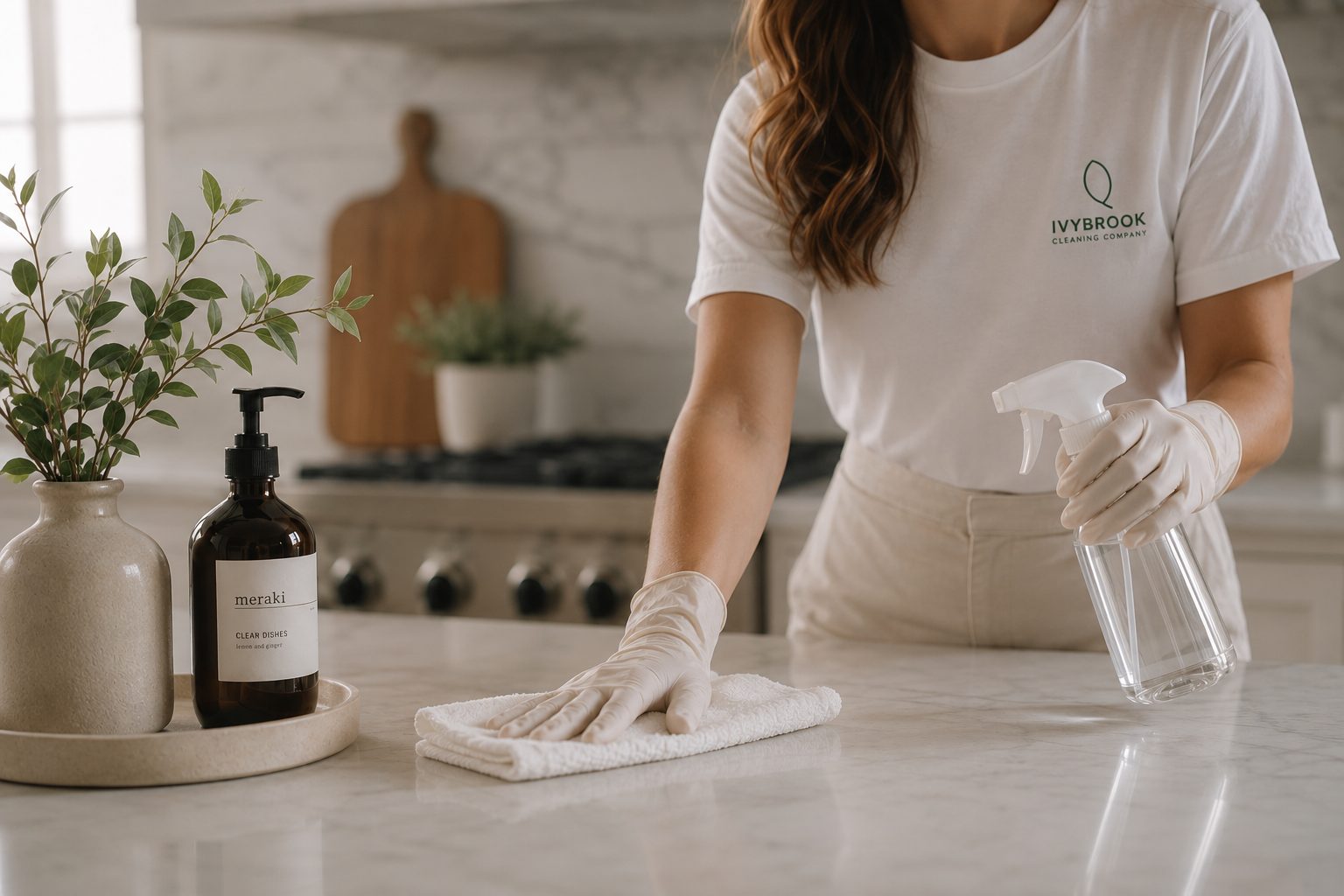 Ivybrook cleaner giving a countertop a final detailed wipe after a renovation